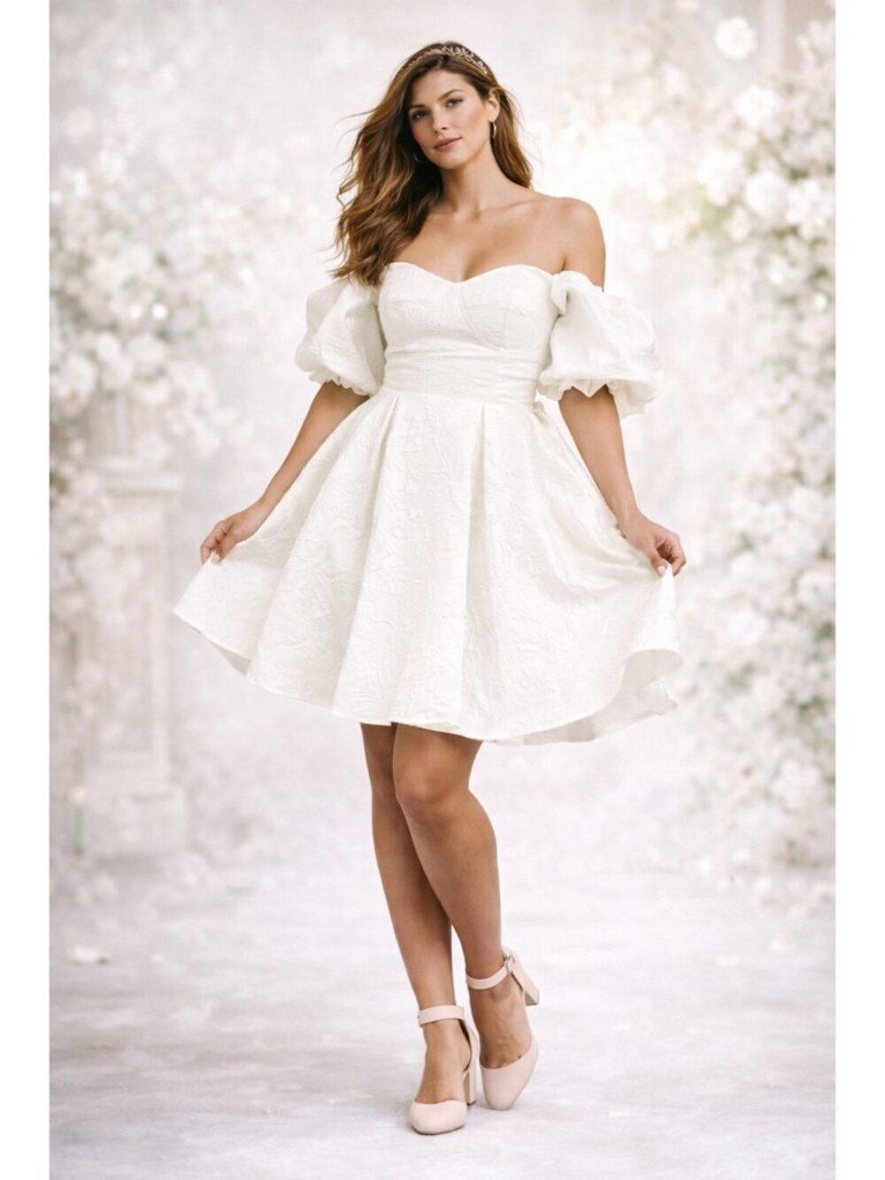AVA GOWNS White Jacquard Corset Mini Dress Puff Sleeve Fit Flare Bridal NWT